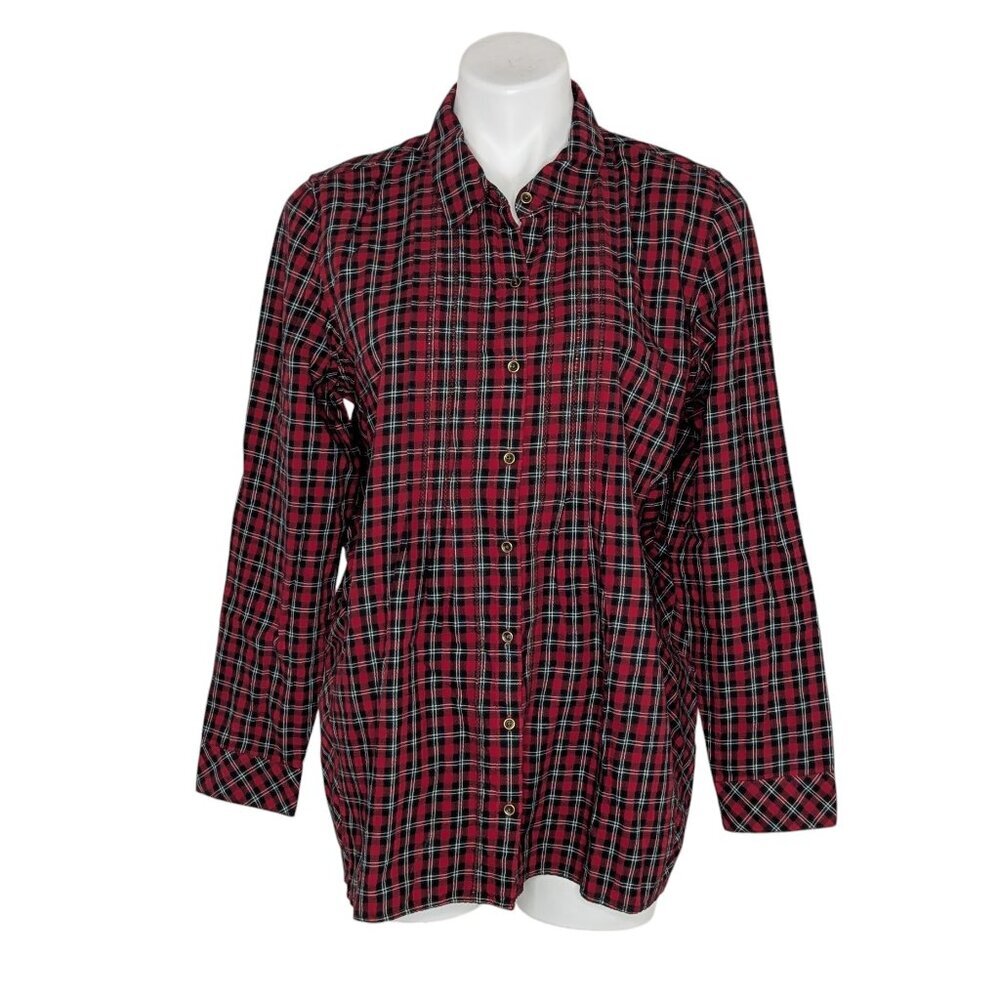 J Jill Uncommon Threads Plaid Button Up Red Green Pleated Detail Long Sleeve Top